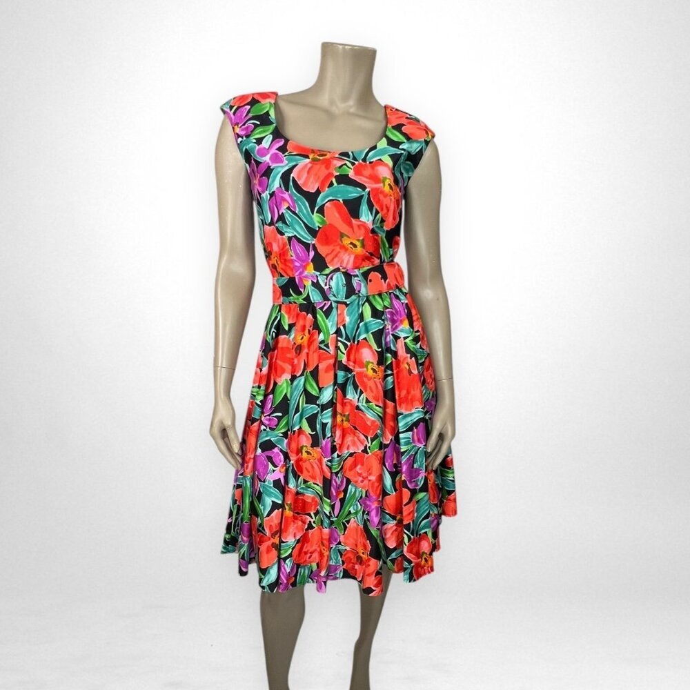 Vintage JOAN LESLIE EVENINGS Floral‎ Sleeveless Belted Dress 8 Summer Sundress